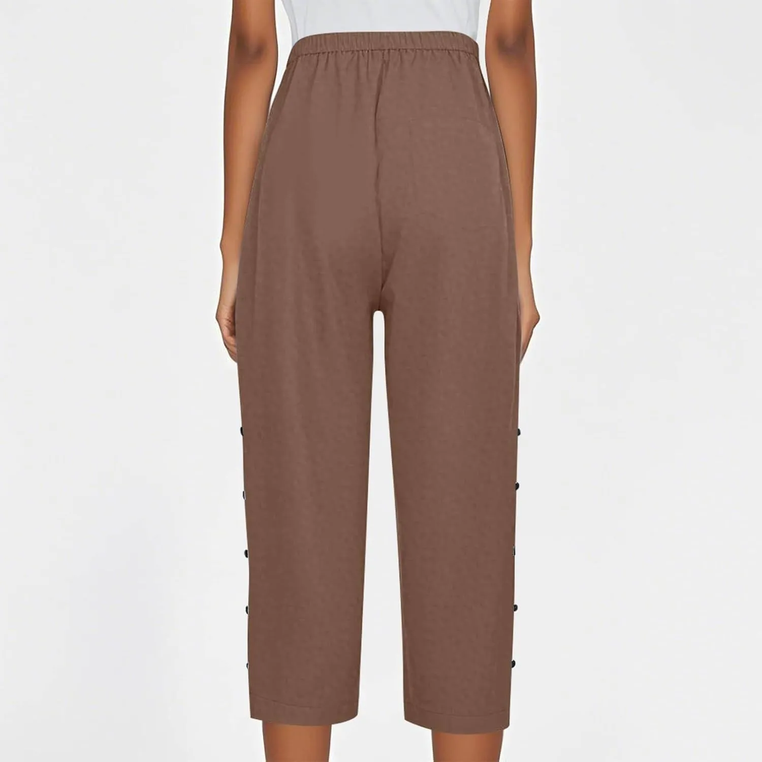 Capri Pants for Women Summer High Waist Elastic Straight Leg Lounge Pant Lightweight Side Button Beach Trousers