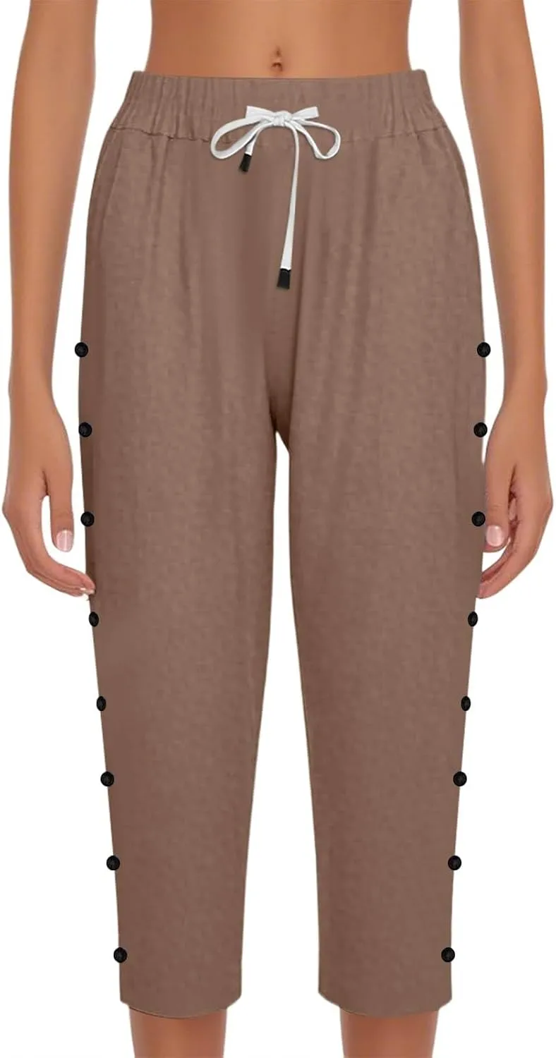Capri Pants for Women Summer High Waist Elastic Straight Leg Lounge Pant Lightweight Side Button Beach Trousers