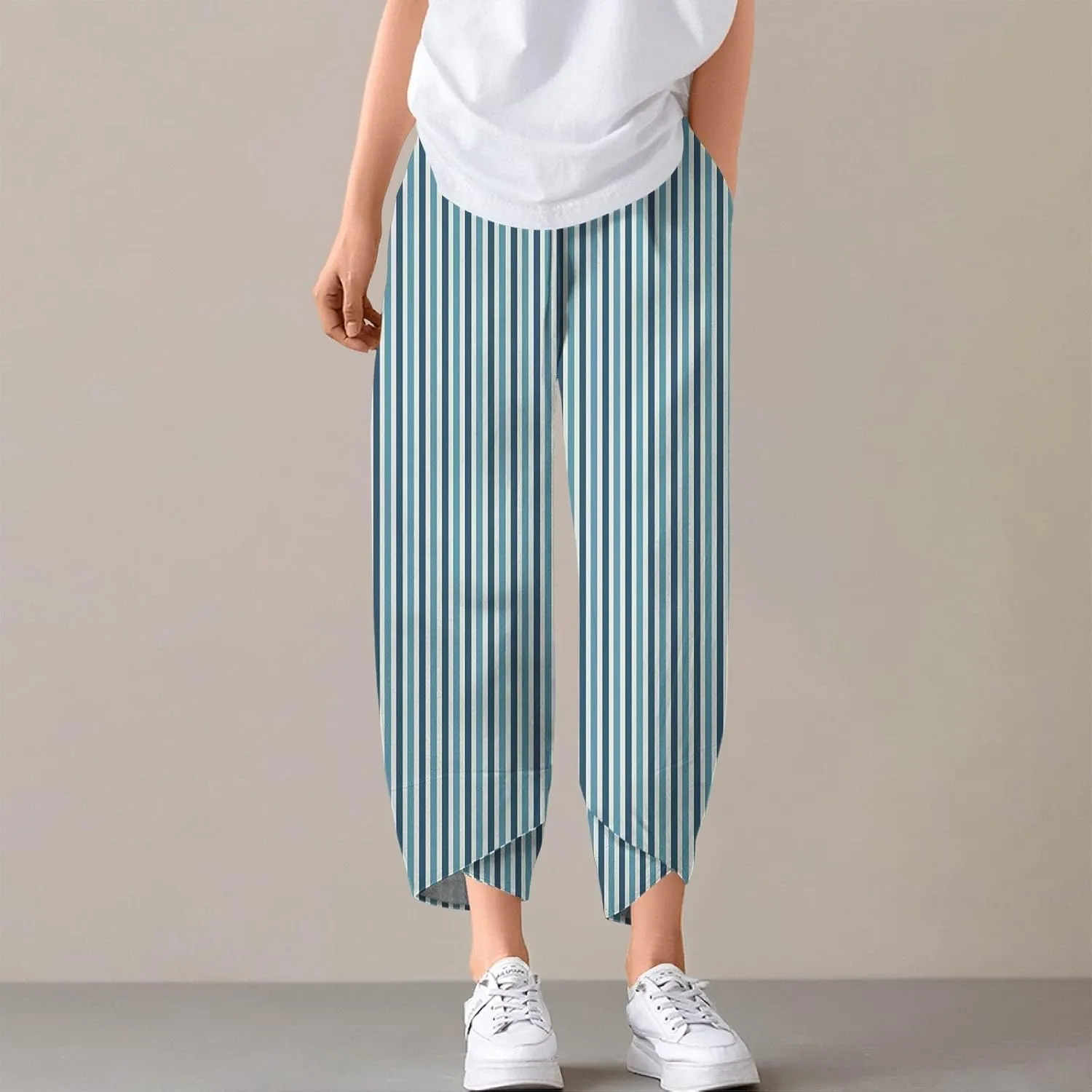 Capri Pants for Women Summer Wide Leg Linen Pants Lounge Palazzo Elastic Waist Cropped Beach Trousers with Pockets