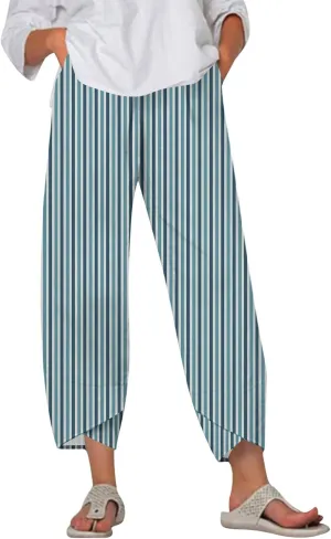 Capri Pants for Women Summer Wide Leg Linen Pants Lounge Palazzo Elastic Waist Cropped Beach Trousers with Pockets