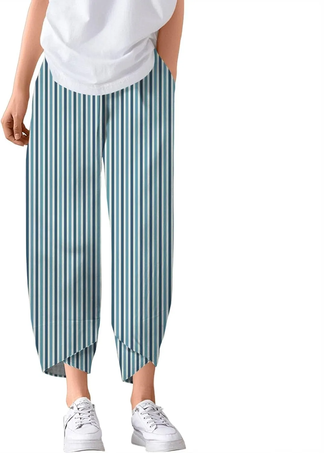 Capri Pants for Women Summer Wide Leg Linen Pants Lounge Palazzo Elastic Waist Cropped Beach Trousers with Pockets