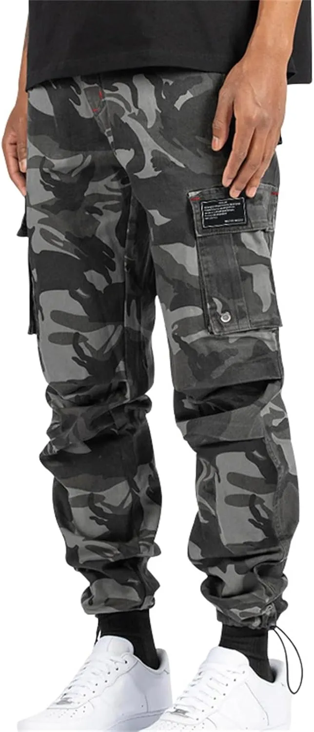 Cargo Pants for Men Hiking Stretch Casual Trendy Pants Elastic Waist Drawstring Outdoor Workout Trousers with Pockets