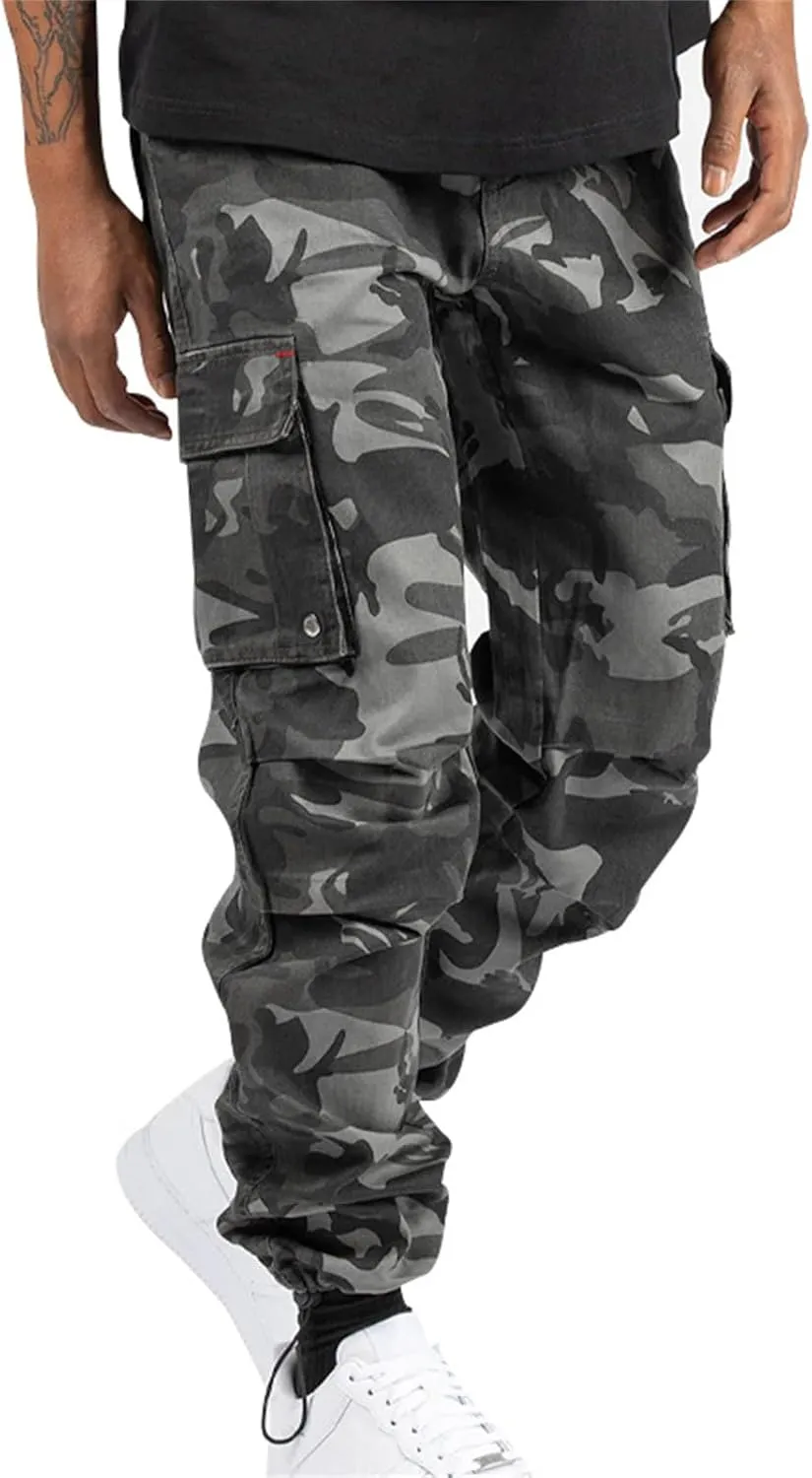 Cargo Pants for Men Hiking Stretch Casual Trendy Pants Elastic Waist Drawstring Outdoor Workout Trousers with Pockets