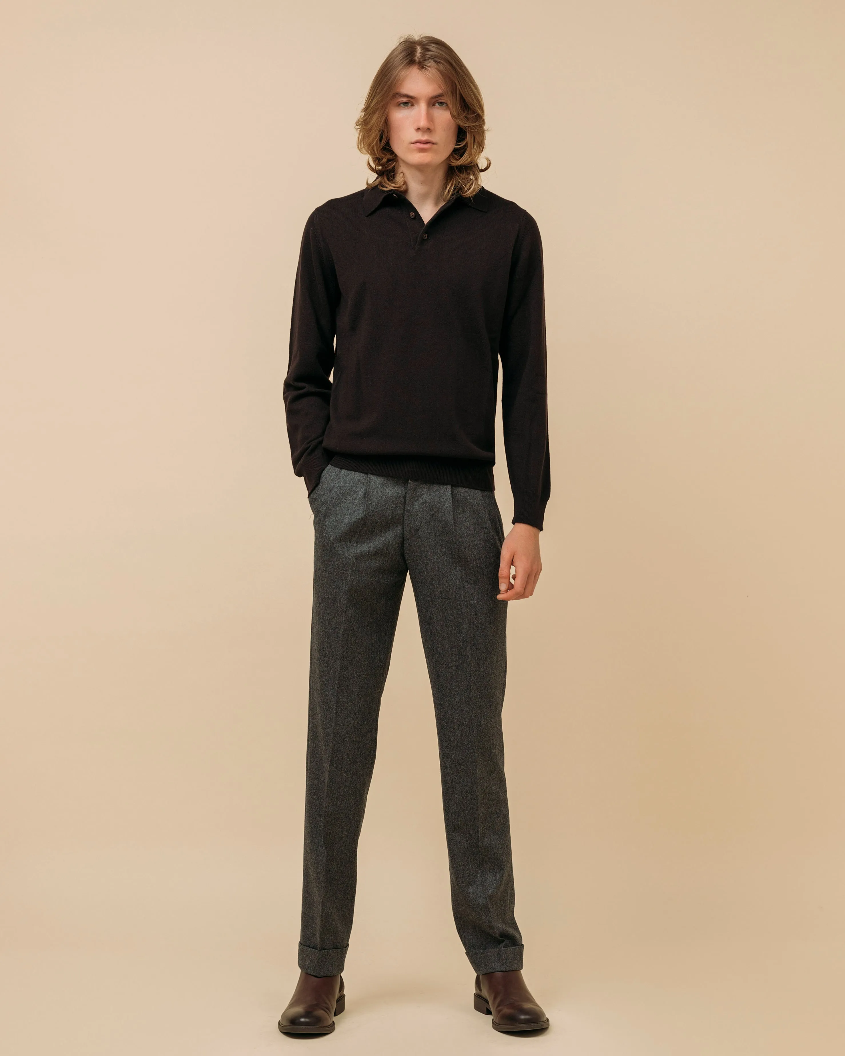 Cashmere polo shirt in dark brown