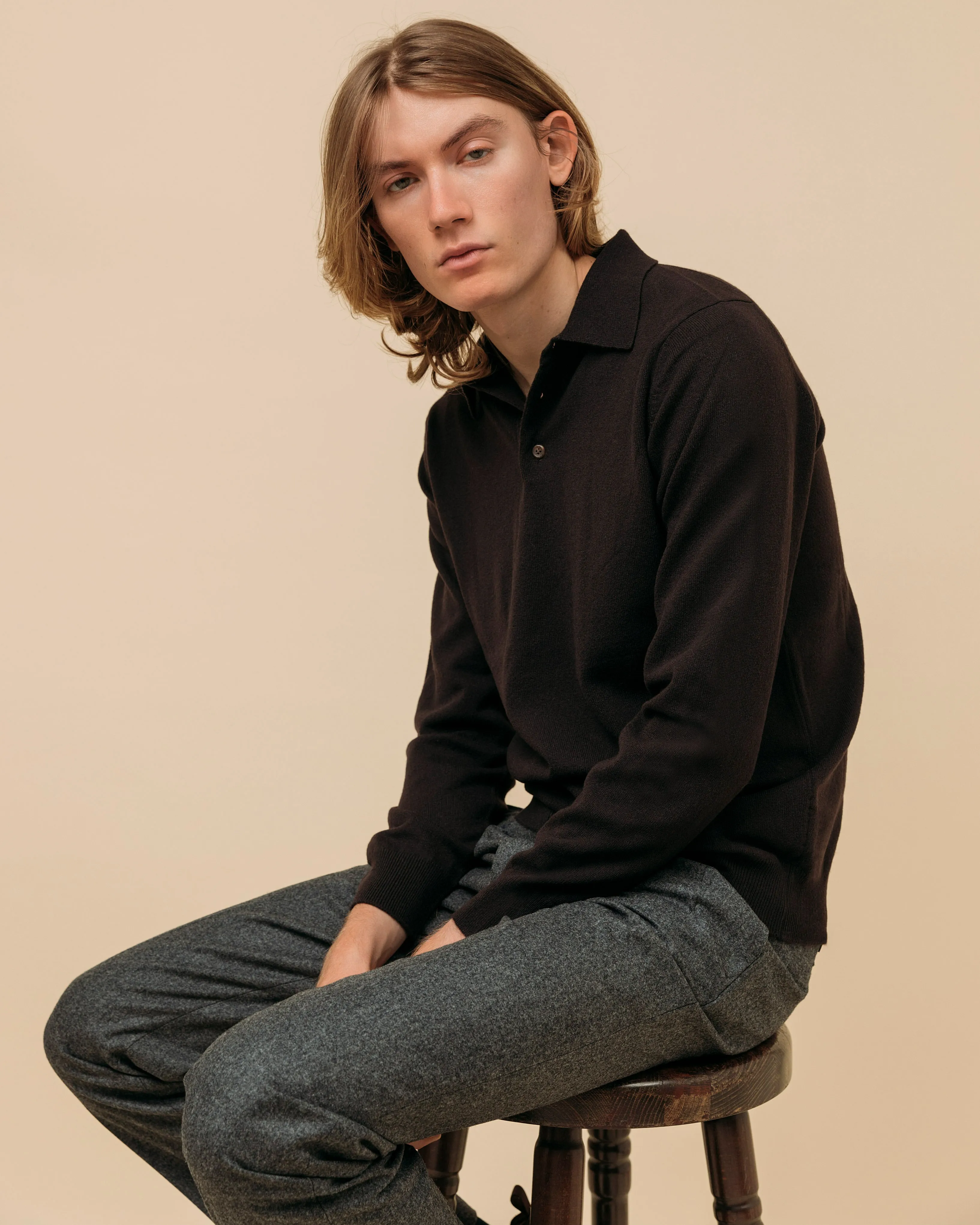 Cashmere polo shirt in dark brown
