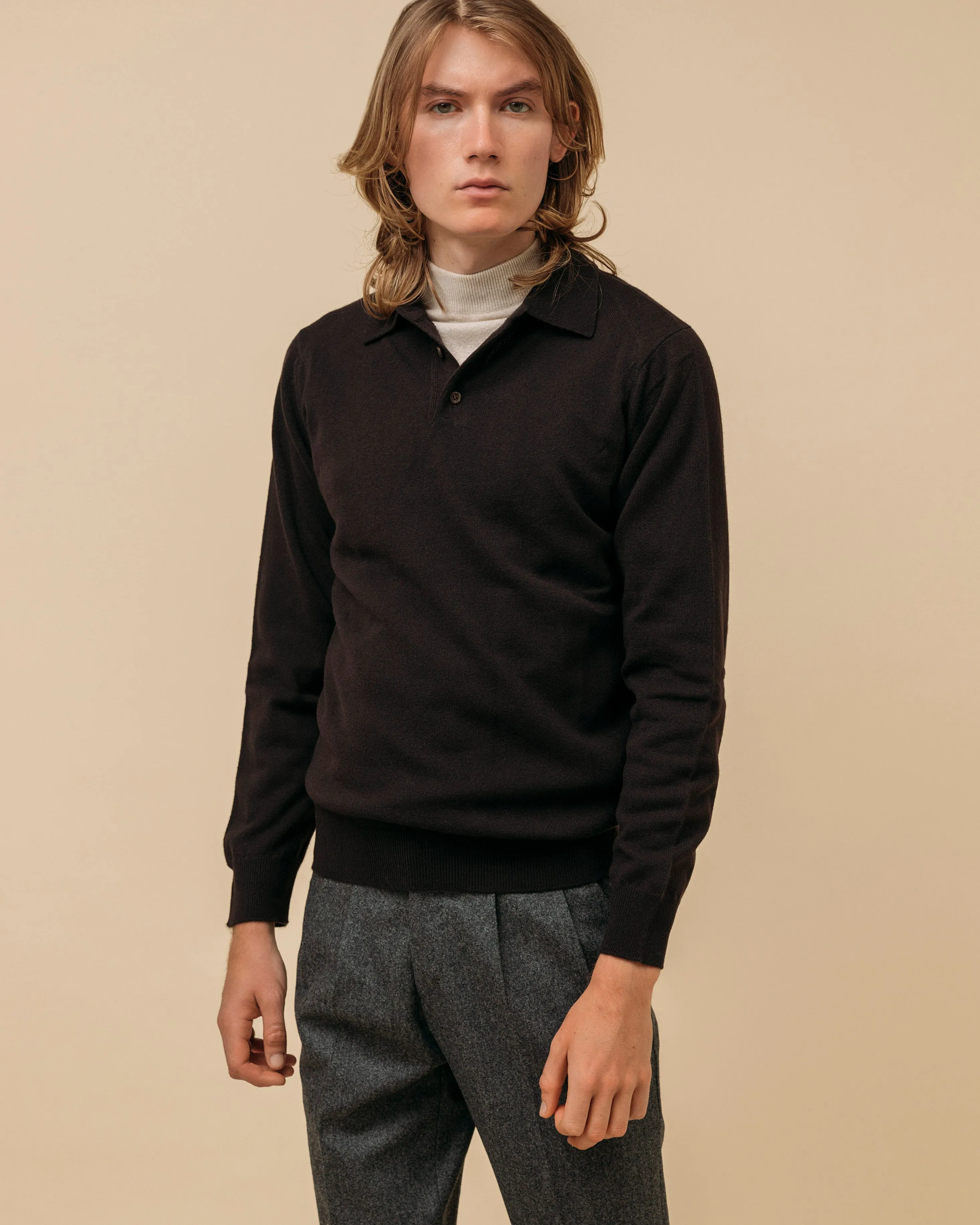 Cashmere polo shirt in dark brown