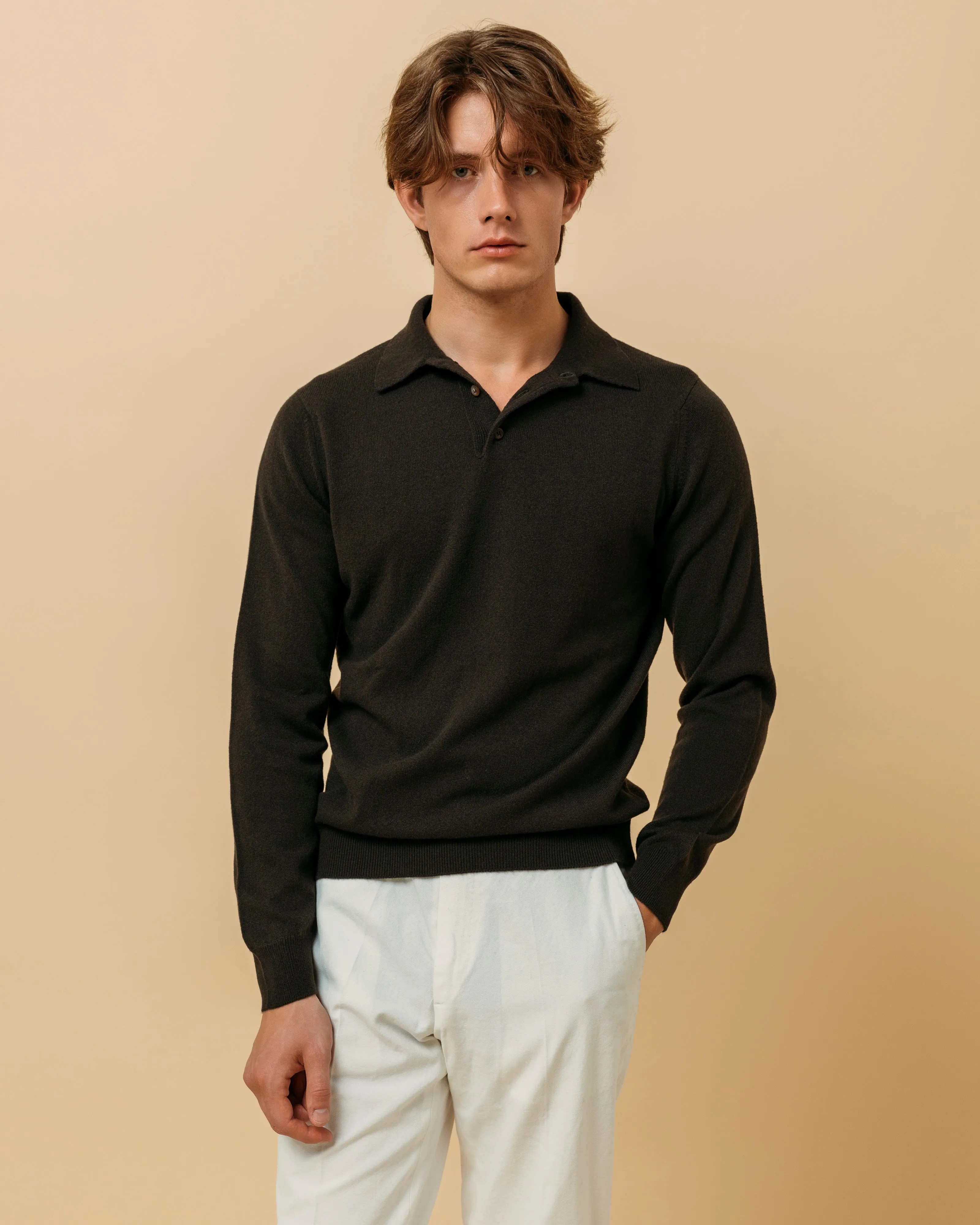 Cashmere polo shirt in dark olive
