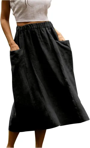 Casual A Line Midi Skirts for Women Elastic High Waisted Swing Flared Skirt Vintage Pleated Summer Dress