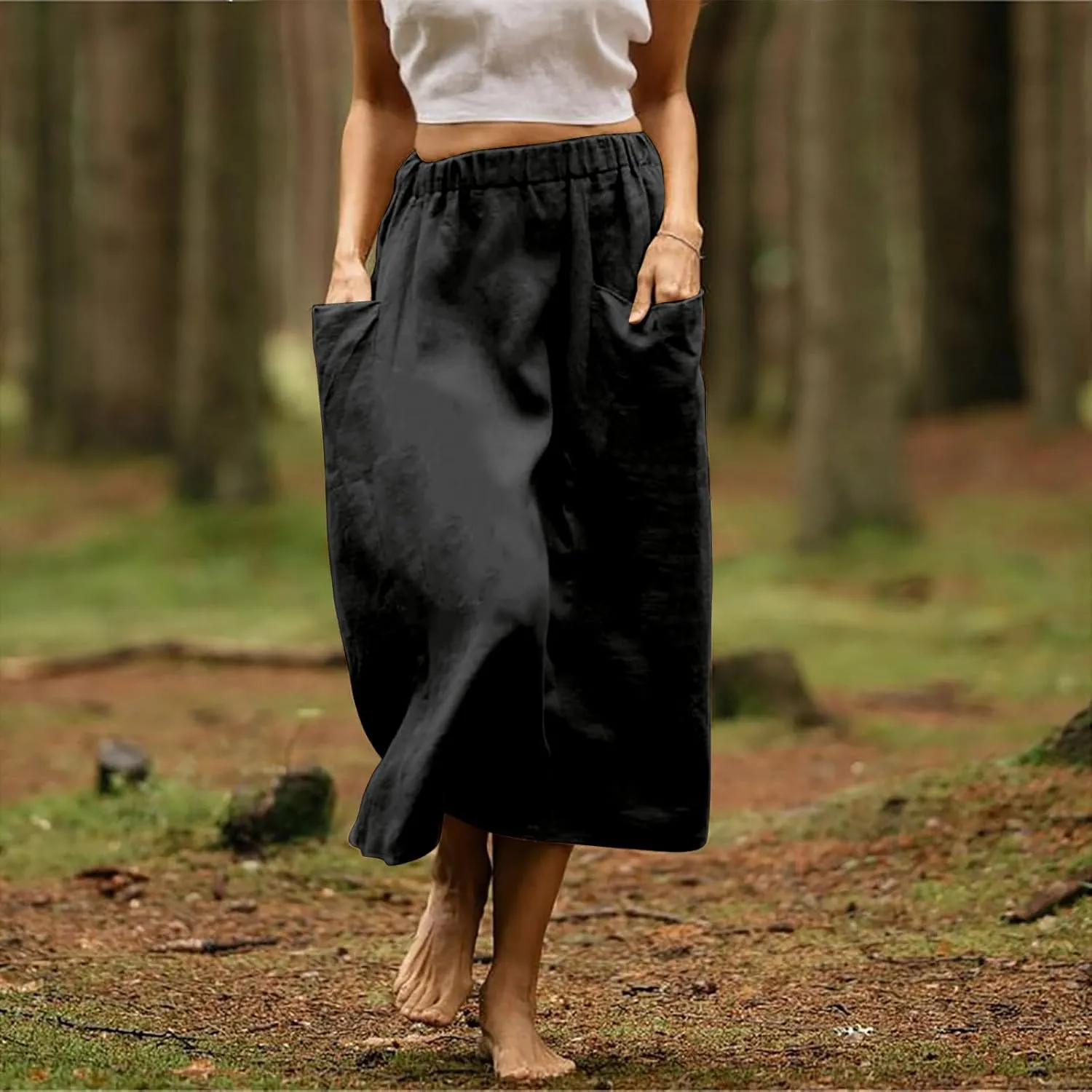 Casual A Line Midi Skirts for Women Elastic High Waisted Swing Flared Skirt Vintage Pleated Summer Dress