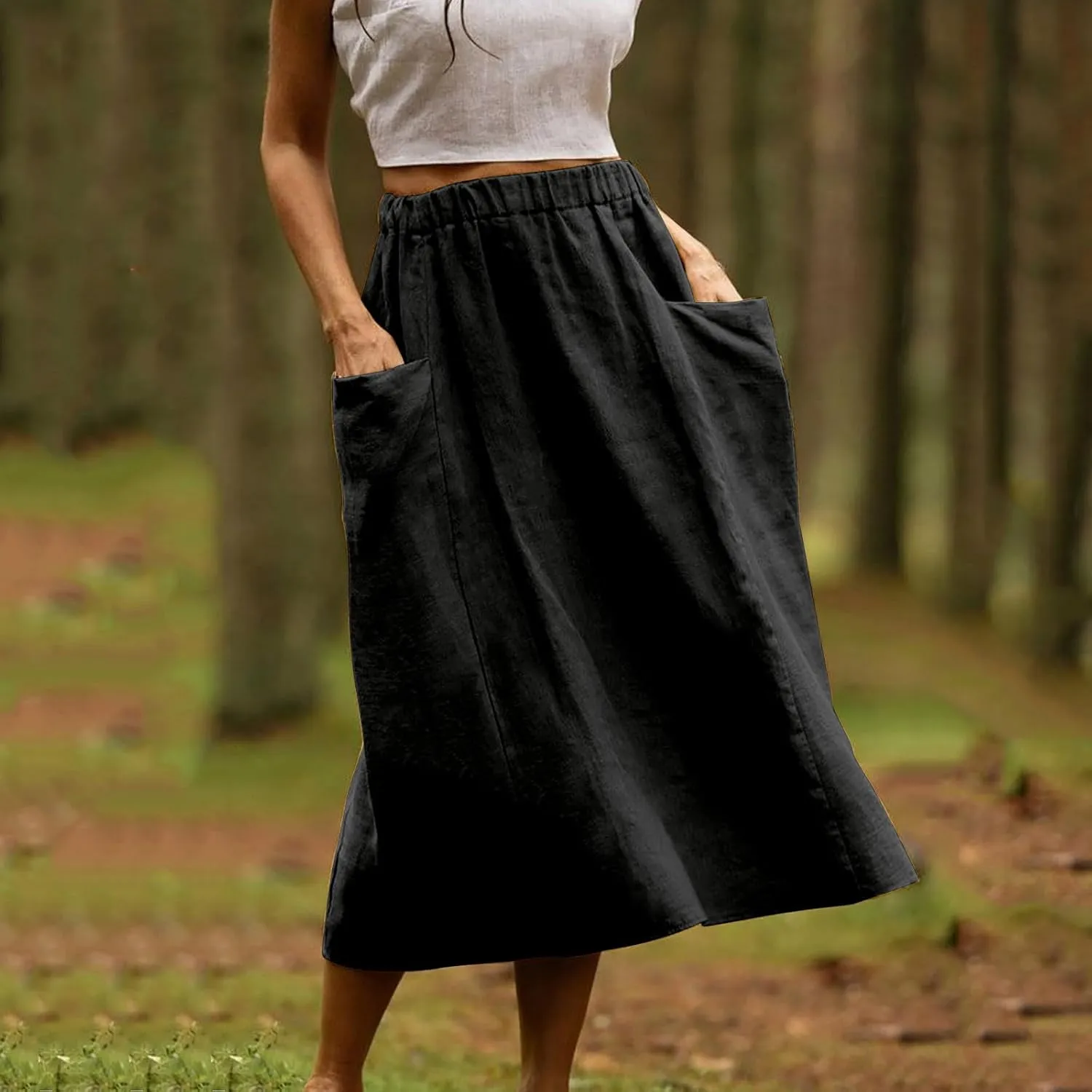 Casual A Line Midi Skirts for Women Elastic High Waisted Swing Flared Skirt Vintage Pleated Summer Dress