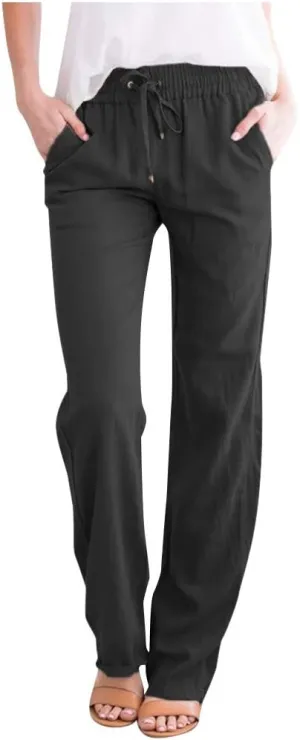 Casual Linen Pants for Women Summer Palazzo Dress Pants Wide Leg Loose Comfy Slacks with Pocket Flowy Long Trousers