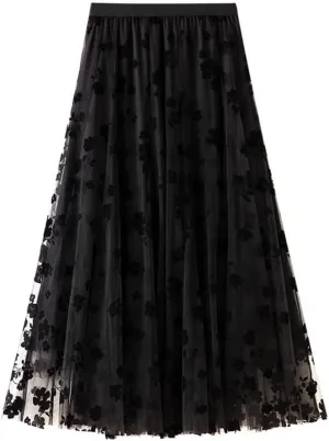 Casual Long Tulle Skirt Women Retro Butterfly Embroidery Elastic High Waist A-Line Mesh Pleated Skirt Midi Skirt