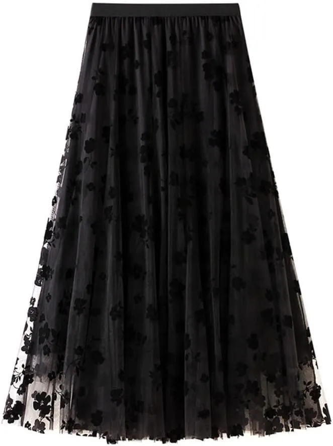 Casual Long Tulle Skirt Women Retro Butterfly Embroidery Elastic High Waist A-Line Mesh Pleated Skirt Midi Skirt