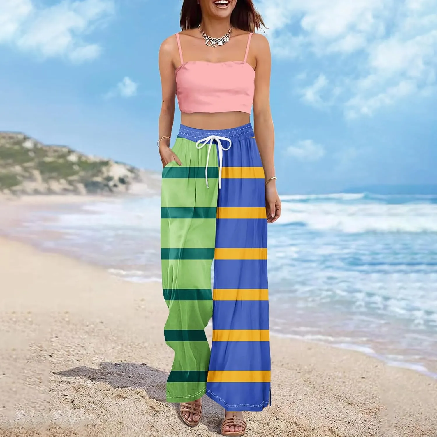 Casual Pants for Women Casual Elastic Waist 2025 Trendy Summer Floral Baggy Palazzo Bottoms