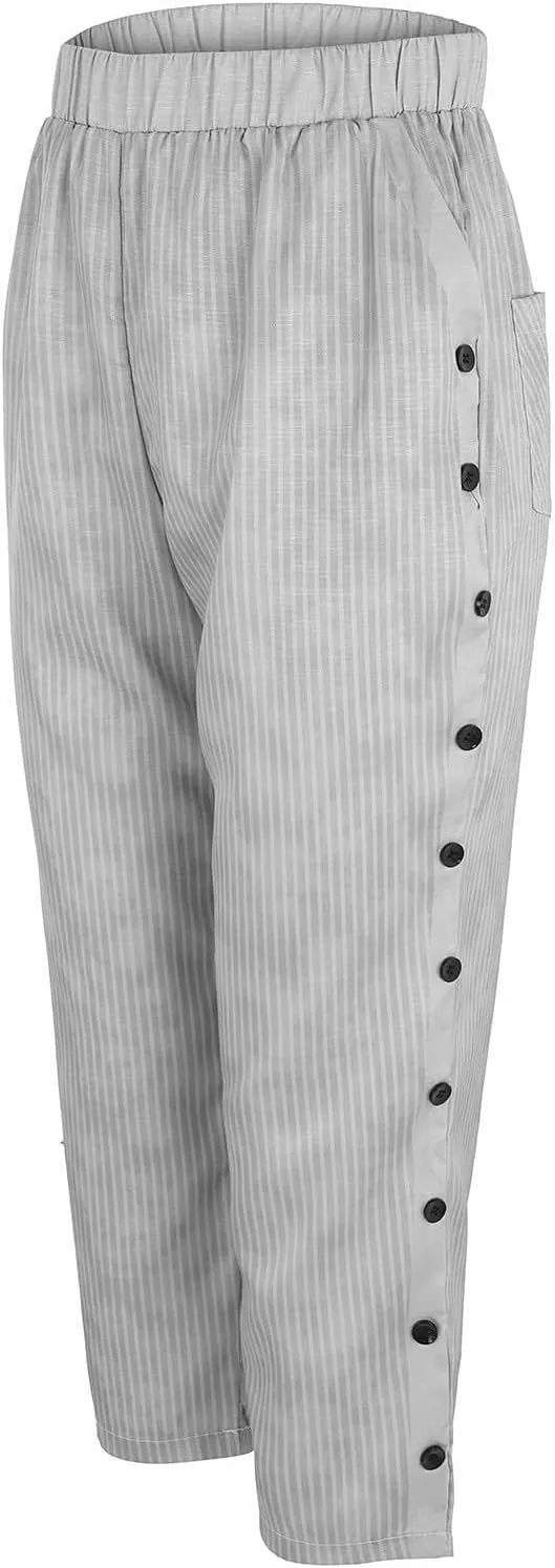 Casual Pants for Women Stripe Print Side Button Trendy Ankle Trousers Baggy Straight Leg Beach Cropped with Pocket