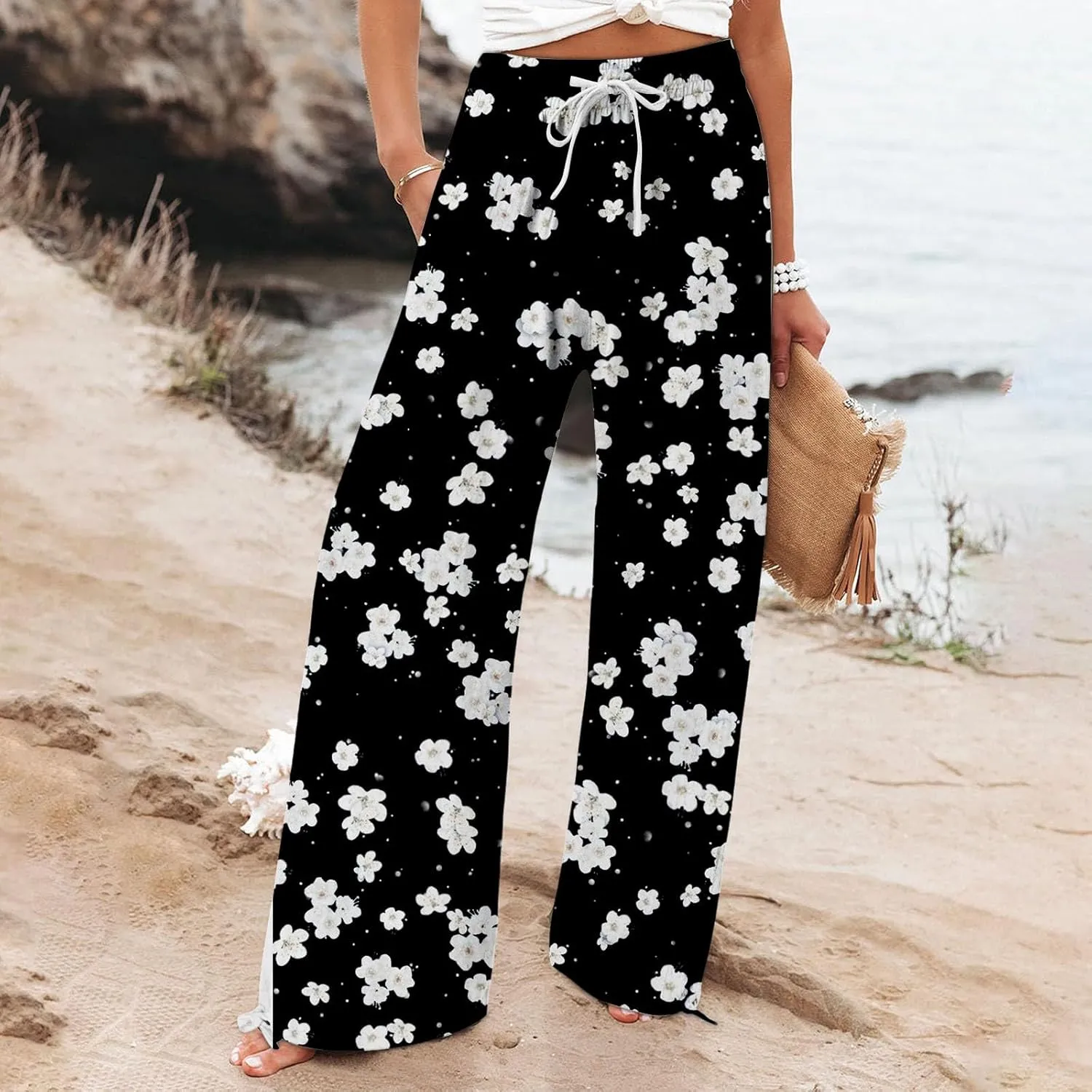 Casuals Lounge Business Pants with Pockets Womens Cotton Casual Loose Pants Comfy Elastic Drawstring Beach Palazzo