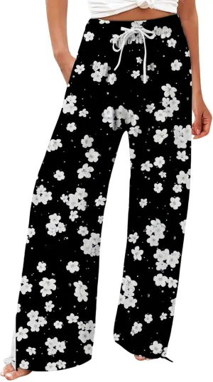 Casuals Lounge Business Pants with Pockets Womens Cotton Casual Loose Pants Comfy Elastic Drawstring Beach Palazzo