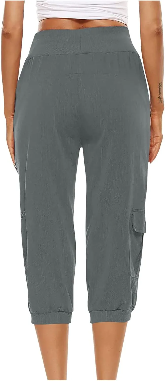 Ceboyel Women's Cotton Linen Crop Capris Drawstring Summer Cargo Pants Trendy Casual Straight Pants Dressy Ladies Clothing