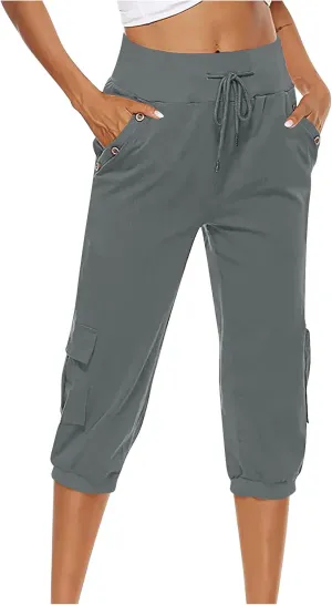 Ceboyel Women's Cotton Linen Crop Capris Drawstring Summer Cargo Pants Trendy Casual Straight Pants Dressy Ladies Clothing