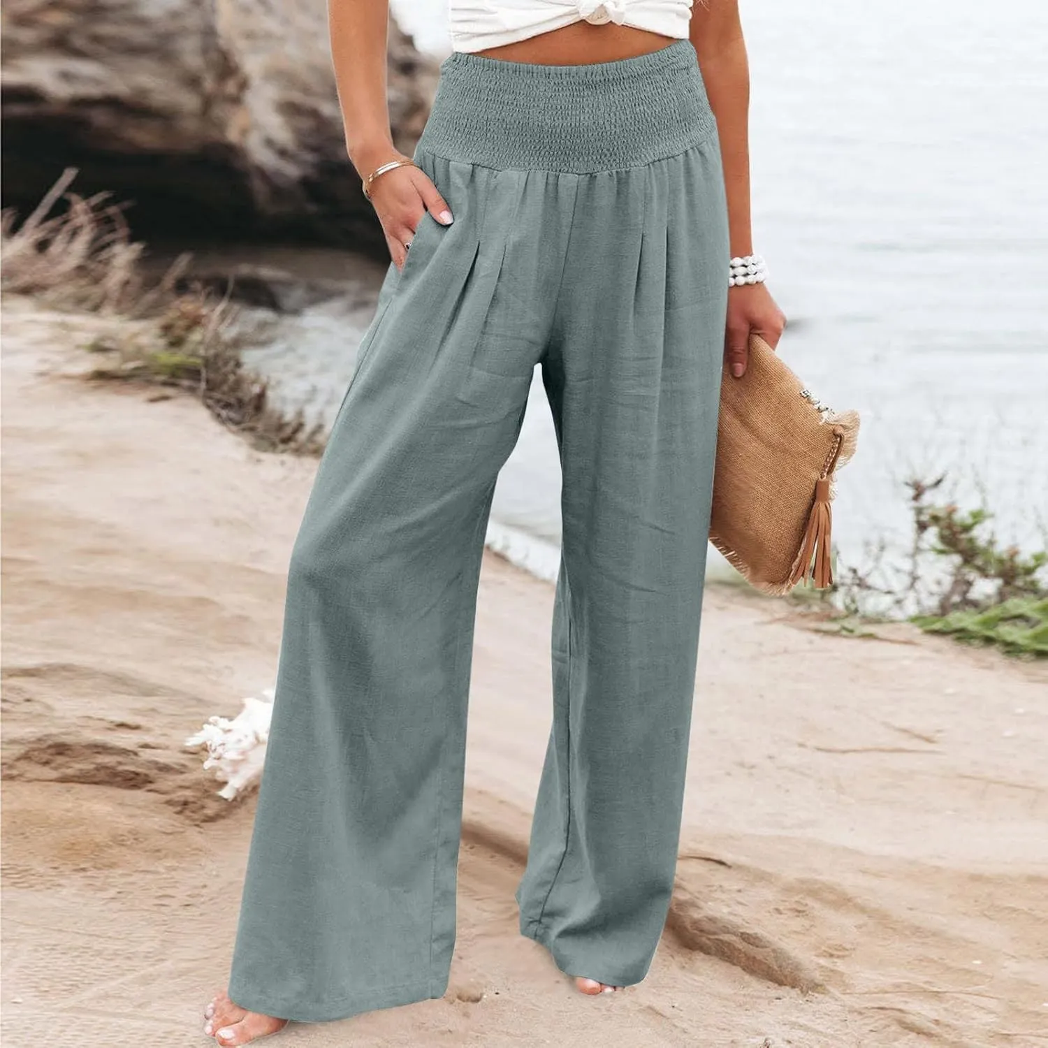 Ceboyel Women's Flowy Summer Pants Wide Leg Palazzo Pant High Waisted Trousers Loose Fitting Trendy Casual Vacation Outfits