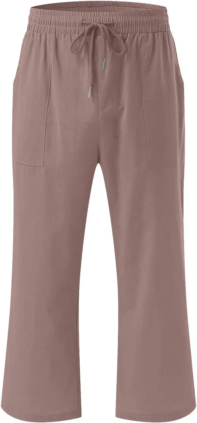 Ceboyel Womens Linen Crop Capris Drawstring Summer Pants Elastic Waist Trousers Casual Loose Summer Beach Outfits 2023