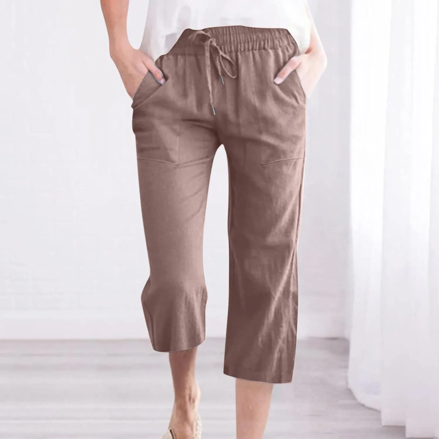 Ceboyel Womens Linen Crop Capris Drawstring Summer Pants Elastic Waist Trousers Casual Loose Summer Beach Outfits 2023