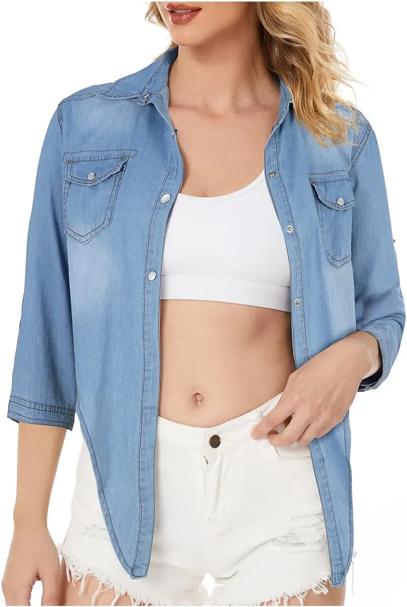 Century Star Women's 3/4 Sleeve Denim Shirt Chambray Crop Top Jean Tie Cardigan Front Knot