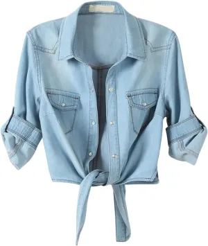 Century Star Women's 3/4 Sleeve Denim Shirt Chambray Crop Top Jean Tie Cardigan Front Knot