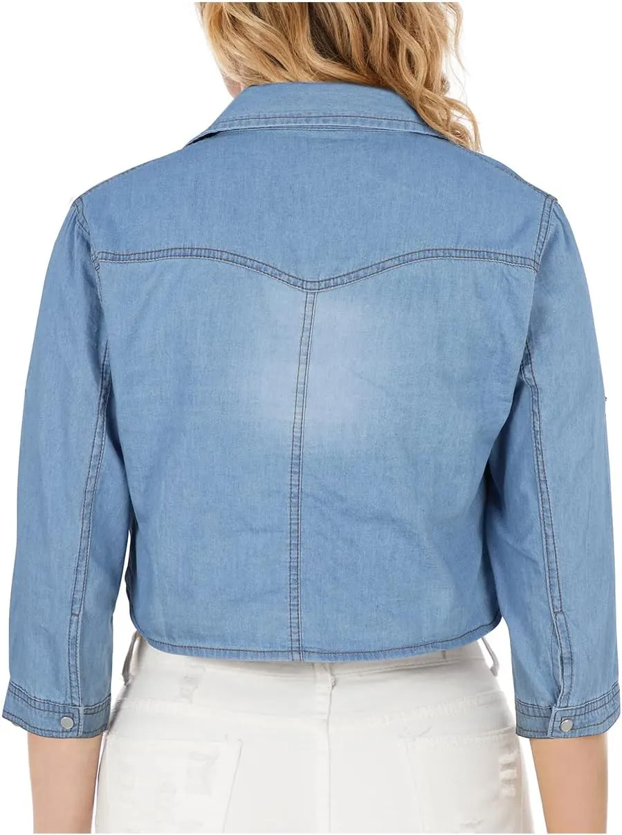 Century Star Women's 3/4 Sleeve Denim Shirt Chambray Crop Top Jean Tie Cardigan Front Knot
