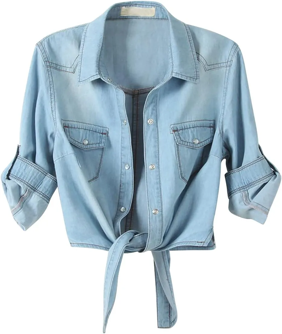Century Star Women's 3/4 Sleeve Denim Shirt Chambray Crop Top Jean Tie Cardigan Front Knot