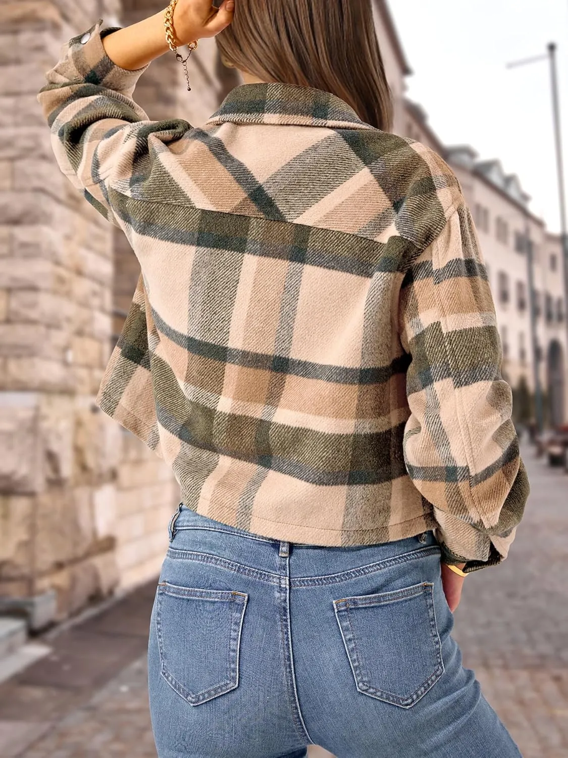 CFLONGE Women's Casual Jacket Coats Button Down Corduroy Cropped Shacket Plaid Long Sleeve Flannels Shirts for Women Jackets