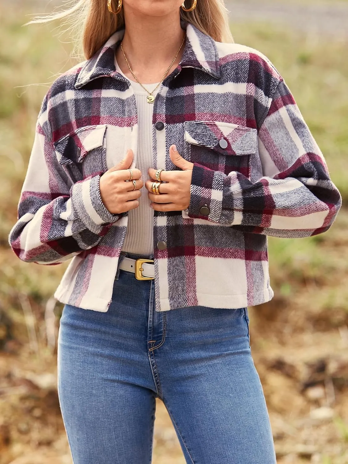 CFLONGE Women's Casual Jacket Coats Button Down Corduroy Cropped Shacket Plaid Long Sleeve Flannels Shirts for Women Jackets
