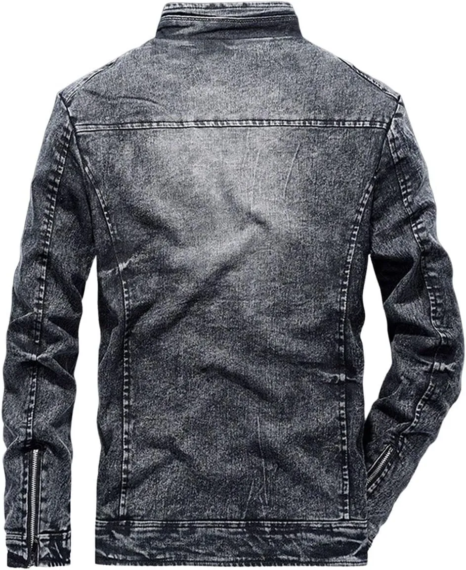 CHARTOU Men Casual Distressed Fleece Lined Denim Jacket Motorcycle Full Zip Up Jean Jacket