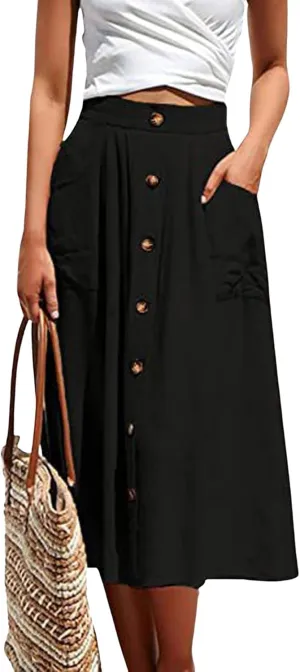 CHARTOU Women Elastic High Waisted Pleated Midi Skirt Button Front Flowy A Line Midi Skirt Knee Length Pockets