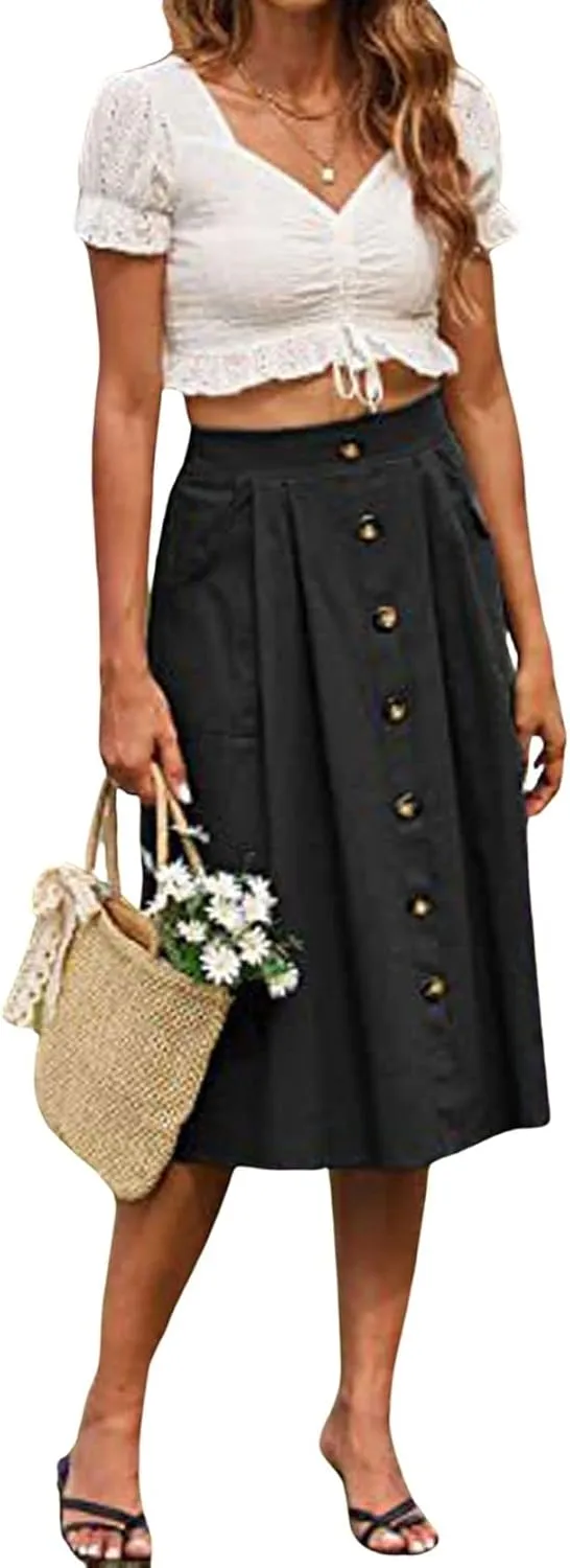CHARTOU Women Elastic High Waisted Pleated Midi Skirt Button Front Flowy A Line Midi Skirt Knee Length Pockets