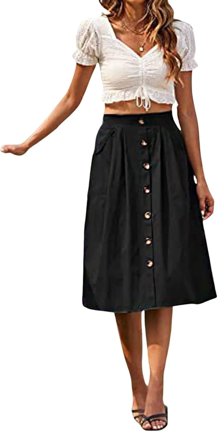CHARTOU Women Elastic High Waisted Pleated Midi Skirt Button Front Flowy A Line Midi Skirt Knee Length Pockets
