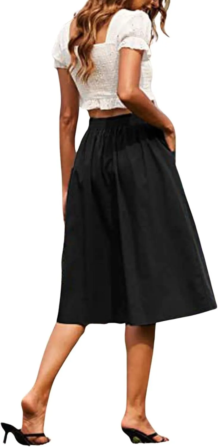 CHARTOU Women Elastic High Waisted Pleated Midi Skirt Button Front Flowy A Line Midi Skirt Knee Length Pockets