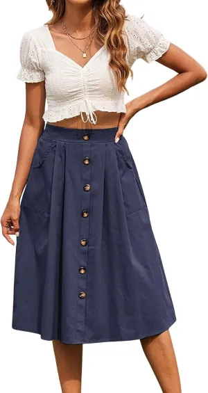CHARTOU Women Elastic High Waisted Pleated Midi Skirt Button Front Flowy A Line Midi Skirt Knee Length Pockets
