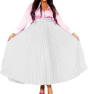 CHARTOU Women Elastic Waist Maxi Pleated Skirt Ruffle Long Skirt Club Party Flowy A Line Skirt with Belt