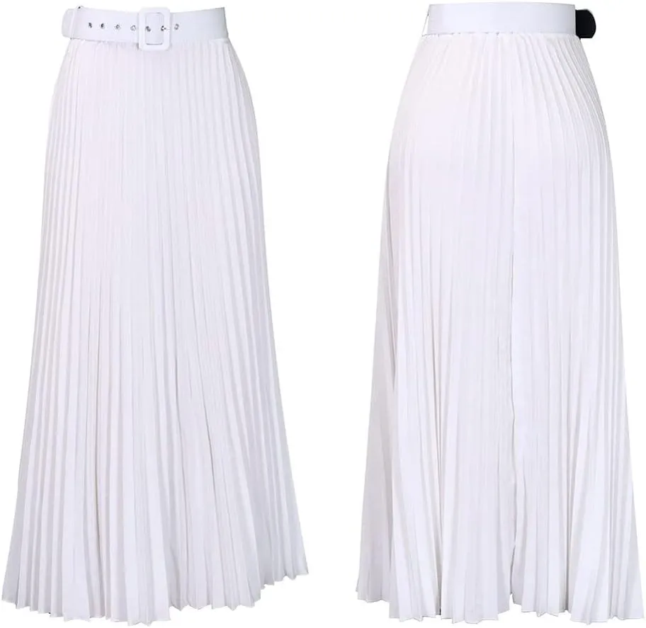 CHARTOU Women Elastic Waist Maxi Pleated Skirt Ruffle Long Skirt Club Party Flowy A Line Skirt with Belt
