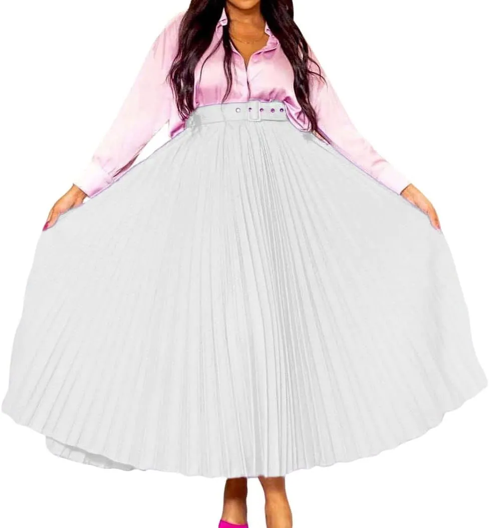 CHARTOU Women Elastic Waist Maxi Pleated Skirt Ruffle Long Skirt Club Party Flowy A Line Skirt with Belt
