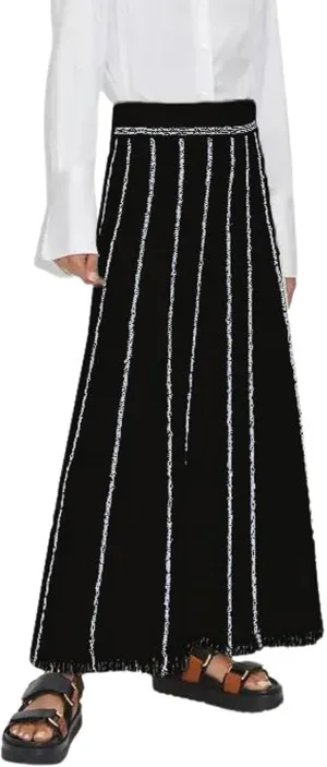 CHARTOU Women Striped Knit Long Skirt Elegant Elastic Waist Raw Cut Tassel Maxi Long Flowy Sweater Skirt