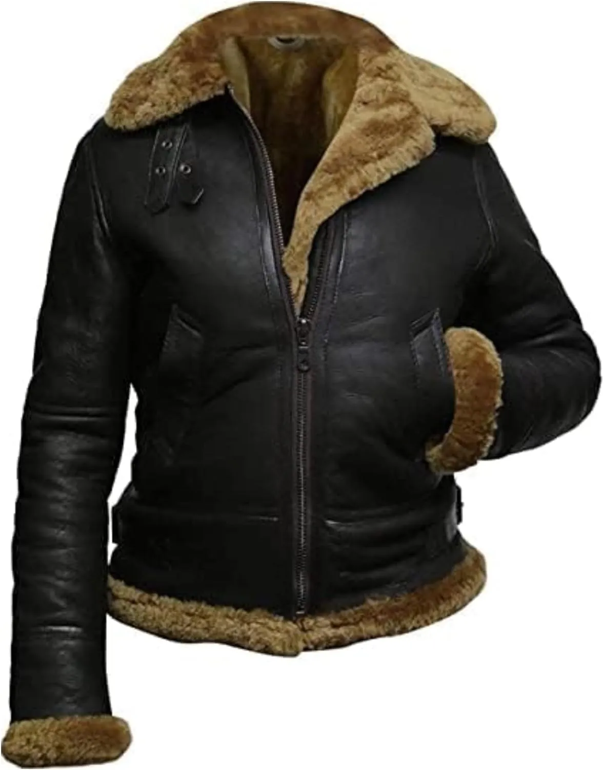 CHAYELL Women's Leather Jacket with Hood Faux Fur Shearling Aviator Pilot Bomber Genuine Sheepskin Leather Jackets for Women