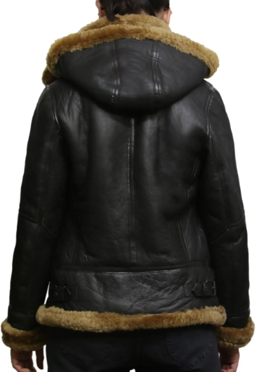 CHAYELL Women's Leather Jacket with Hood Faux Fur Shearling Aviator Pilot Bomber Genuine Sheepskin Leather Jackets for Women