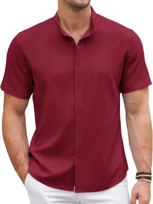 COOFANDY Men's Linen Shirt Beach Summer Banded Collar Button Down Casual Shirts
