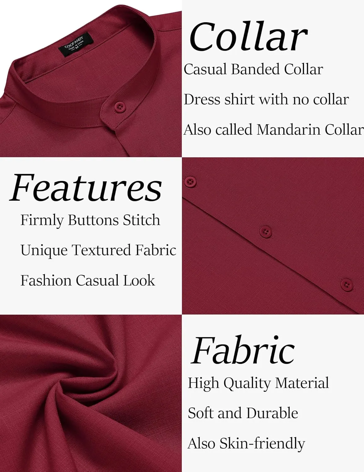 COOFANDY Men's Linen Shirt Beach Summer Banded Collar Button Down Casual Shirts