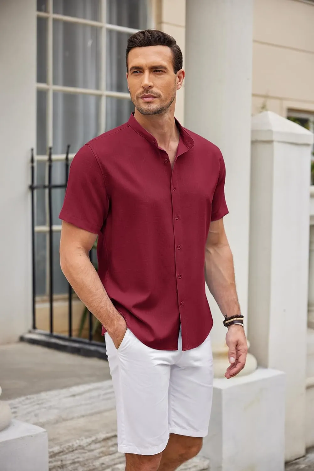 COOFANDY Men's Linen Shirt Beach Summer Banded Collar Button Down Casual Shirts
