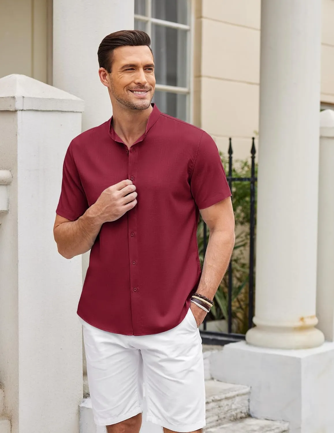 COOFANDY Men's Linen Shirt Beach Summer Banded Collar Button Down Casual Shirts