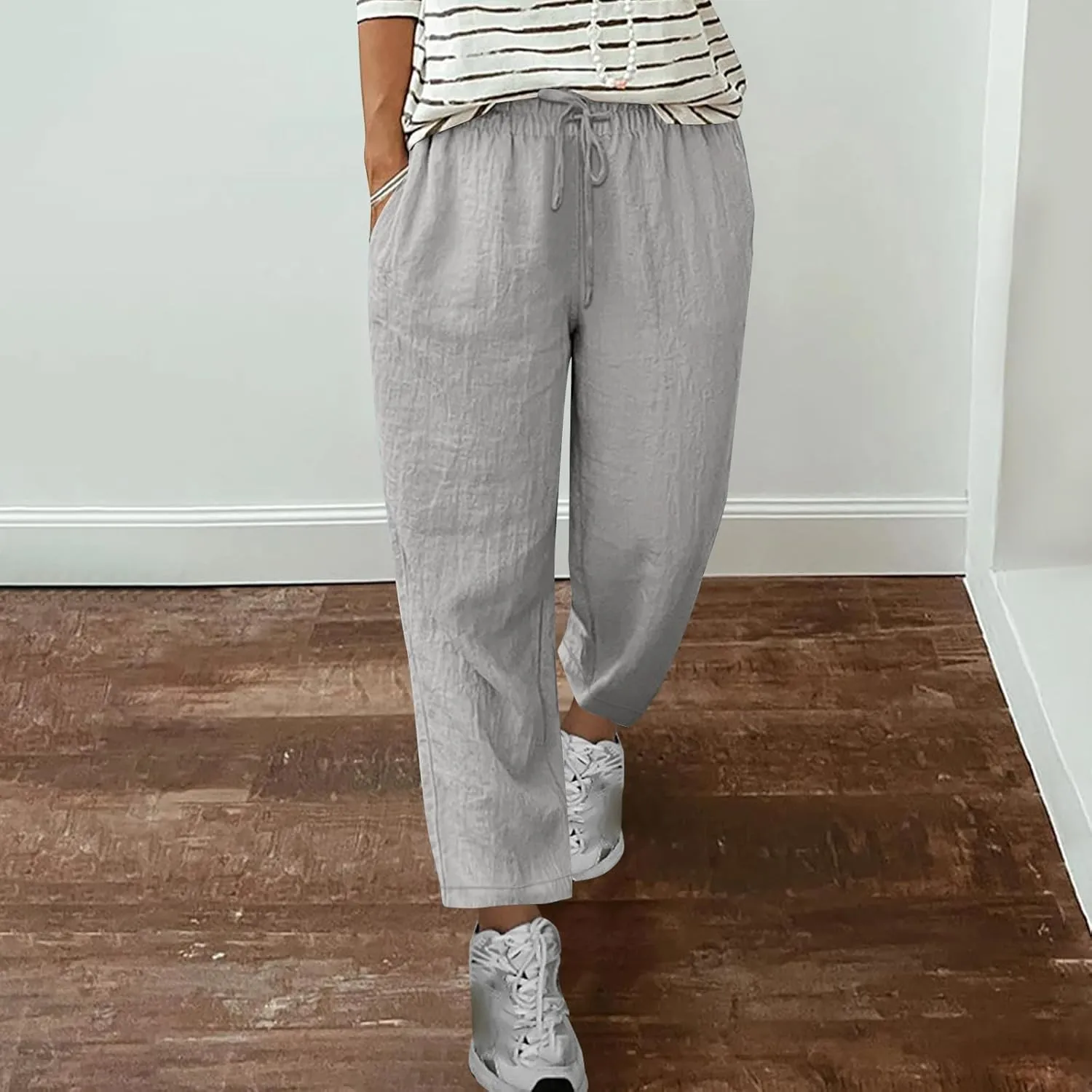 Cotton Linen Pants for Women Casual Elastic Waist Summer Pants 2025 Loose Fit Lounge Plus Size Trousers with Pockets
