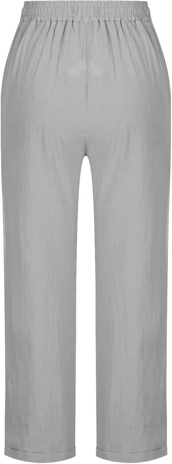Cotton Linen Pants for Women Casual Elastic Waist Summer Pants 2025 Loose Fit Lounge Plus Size Trousers with Pockets